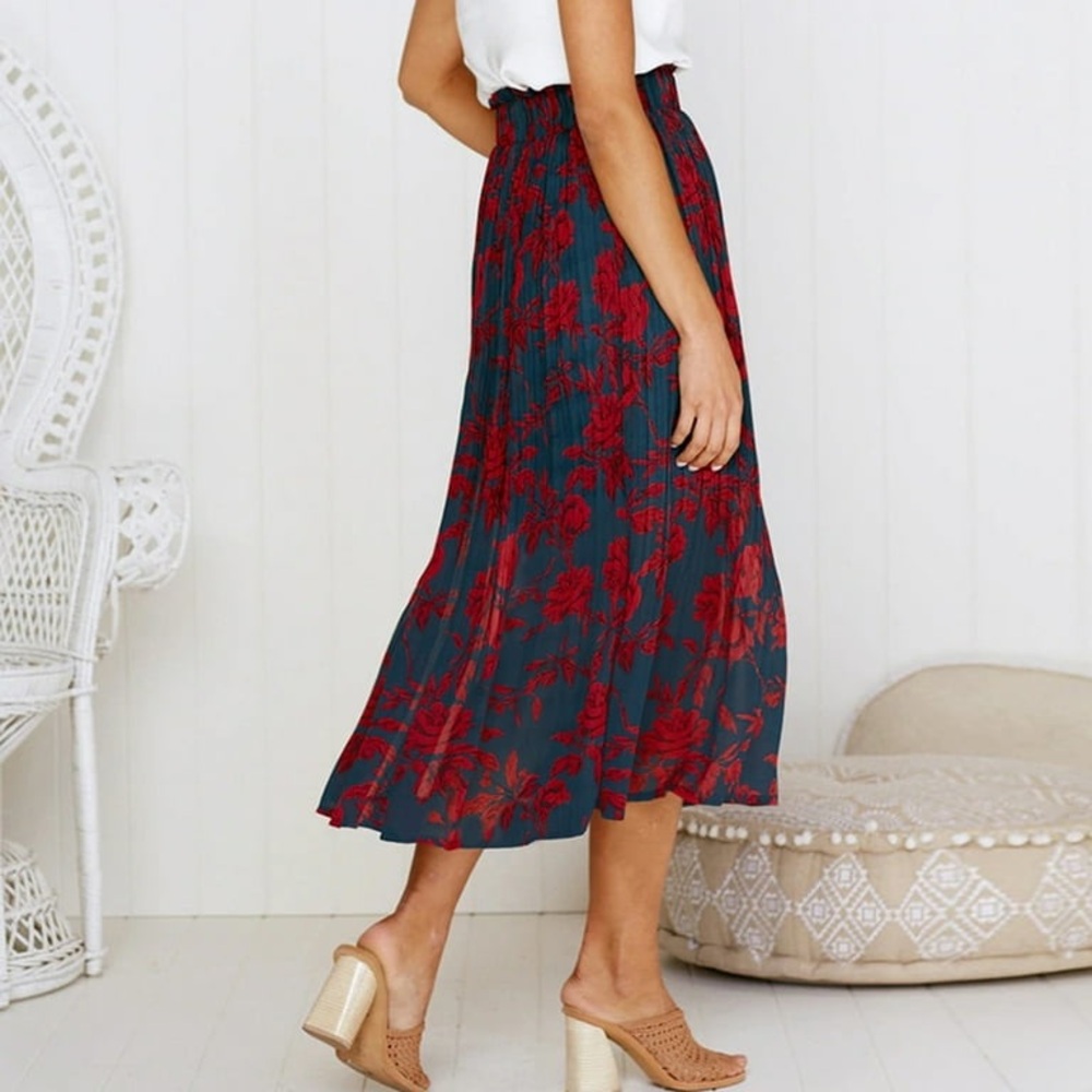 EXLURA Women Floral Pleated Flowy Side Pocket Midi Skirt Red Navy - Picture 2 of 15